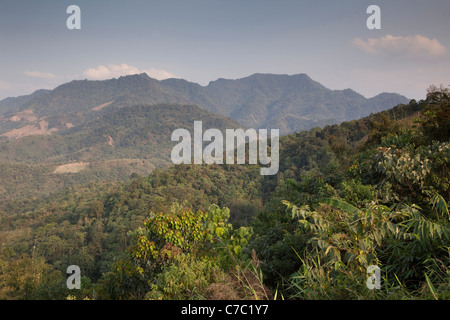 India, Nagaland, Mon, wooded hills showing slash and burn agriculture deforested areas Stock Photo