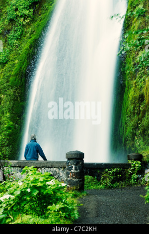 Man standing on bridge in front of Wahkeena Falls, Columbia River Gorge National Scenic Area, Oregon, USA Stock Photo