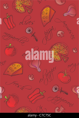 Pattern of pizza and ingredients with words on red background. Vector available Stock Photo
