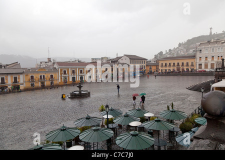 Plaza San Francisco on a rainy summer day in Quito, Ecuador Stock Photo