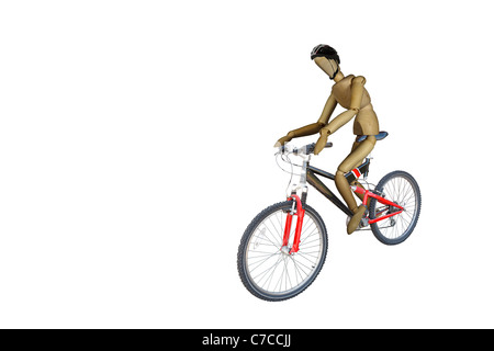 Red and Black Mountain/Off Road Bicycle being ridden by a wood doll  Isolated on white with work path Stock Photo