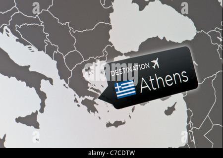 A close-up of a computer display indicating the location of Athens International Airport, Greece. Stock Photo