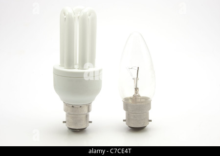 Environmentally friendly and normal incandescent light bulbs isolated on white Stock Photo