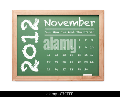 Month of November 2012 Calendar on Green Chalkboard Over White Background. Stock Photo