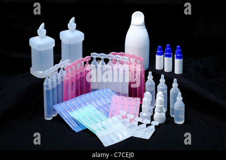 Plastic pharmaceutical containers used to store and deliver medication in a sterile manner. Stock Photo