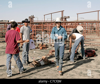 Competitors getting ready to take part in the rodeo held at the Crow Agency reservation in Montana during the annual Crow Fair. Stock Photo