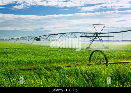 Industrial irrigation equipment on farm field in Saskatchewan, Canada Stock Photo