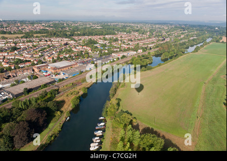 Aerial view of River Thames near Reading, Berkshire, UK, balloon shadow and railway line in view Stock Photo