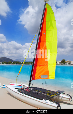 Beach of Puerto de Alcudia in Mallorca with hobie cat Balearic Islands Spain Stock Photo