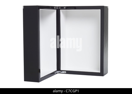 Open empty black box standing vertically on white background Stock Photo