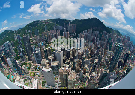 Fisheye aerial view of Hong Kong from the rooftop of IFC 2,including the Bank of China Tower, the Cheung Kong Centre, the HSBC h Stock Photo