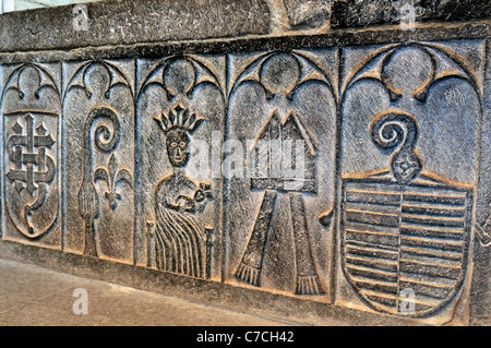 Spain, St. James Way: Romanesque stone reliefs on a tomb in the church La Colegiata in Roncesvalles