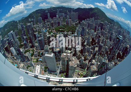 Fisheye aerial view of Central Hong Kong from the rooftop of IFC 2, including Exchange Square, Jardine House, HSBC headquarters. Stock Photo
