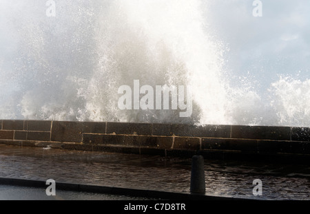 Storm in St Malo, powerful waves against sea wall (Brittany, France). Stock Photo