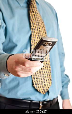 Closeup to phone in business man hand Stock Photo