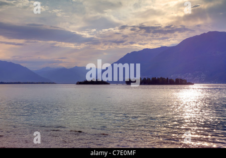 The islands of Brissago on Lake Maggiore in the morning sun Stock Photo