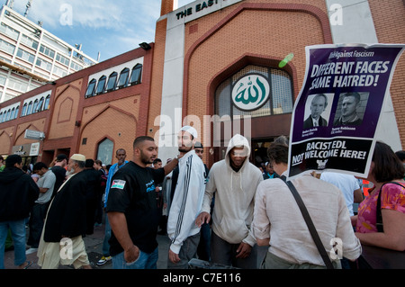 English Defence League EDL march through Tower Hamlets London East End by East London Mosque Stock Photo