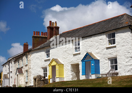 Cottages at Charlestown with colourful porches, St Austell, Cornwall in May Stock Photo