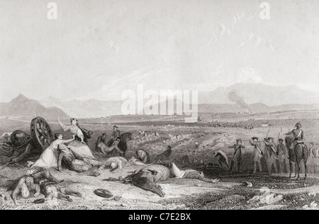 Scottish women trying to protect the wounded from British musket fire during the Battle of Culloden, April 16, 1746. Stock Photo