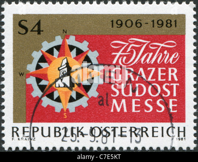 AUSTRIA - 1981: A stamp printed in Austria, devoted to 75th anniversary of South-East Fair, Graz, shows the emblem Stock Photo