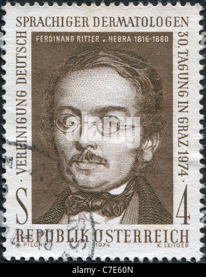 AUSTRIA - 1974: A stamp printed in Austria, is shown Ferdinand Ritter von Hebra, the founder of modern dermatology Stock Photo