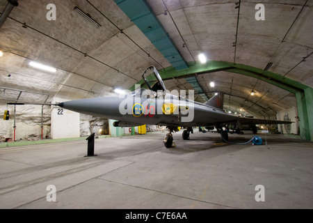 Swedish Draken fighter jet in the Aeroseum. A declassified Swedish airbase bunker complex near Göteburg, Sweden Stock Photo