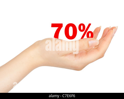 Sell-off in seventy percent in the palm of a woman. Isolated on white background Stock Photo