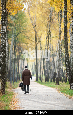 Old man walking in autumn park. Stock Photo