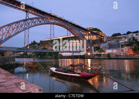 Twilight River Douro,Ponte Dom Luis, bridge built by Gustave Eiffel, Porto, Mosteiro da Serra do Pilar Stock Photo