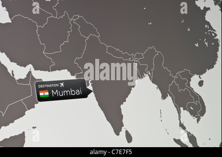 A close-up of a computer display indicating the location of Mumbai International Airport, India. Stock Photo