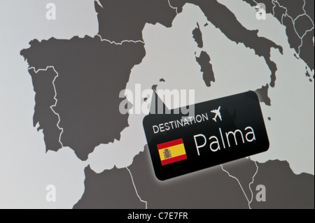 A close-up of a computer display indicating the location of Palma de Mallorca International Airport, Spain. Stock Photo