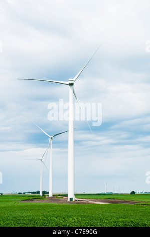 Horizontal-axis wind turbines are shown on a wind farm site near Lakefield, Minnesota. Stock Photo