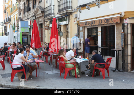 Tapas Trail in Jerez Spain with food writer Elizabeth Luard. Pictured is traditional tapas eating in Seville. Stock Photo