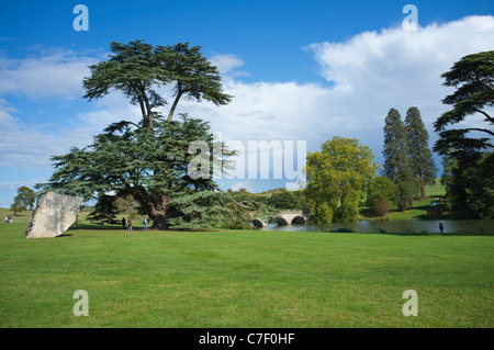 Compton Verney - a Capability Brown designed landscape with 18thC bridge of classical design by Georgian Architect Robert Adam. Stock Photo