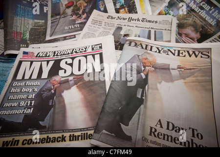 Headlines of New York newspapers report on the tenth anniversary of the World Trade Center terrorist attacks Stock Photo