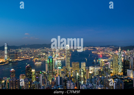 Evening view of Hong Kong and Victoria Harbour from the Peak on a clear day. Stock Photo