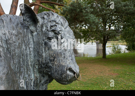 Welsh Black bull statue close up, Builth Wells Powys Wales UK. Stock Photo