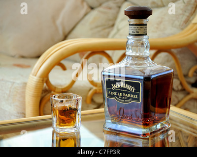 Jack Daniels Single Barrel bottle and glass on table Stock Photo