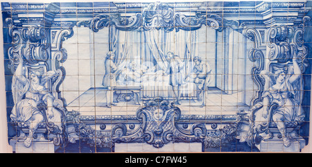 Traditional blue handpainted tiles picture in Famous church and cloister Sao Vicente de Fora Lisbon, Portugal. Stock Photo