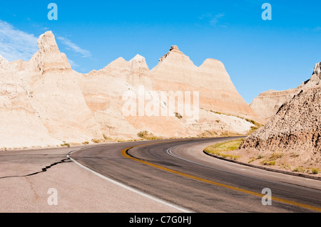 The Badlands Loop Road passes through scenic formations in Badlands National Park in South Dakota. Stock Photo