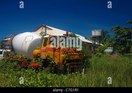 Abandoned cement truck being overgrown by tropical vegetation, Saibai Island, northern Torres Strait, Queensland, Australia Stock Photo