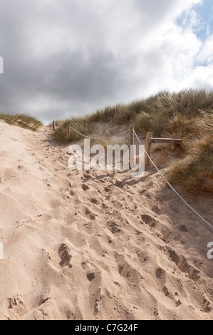 Path leading through sand dunes to help protect erosion of dunes from foot fall on marram grass Stock Photo