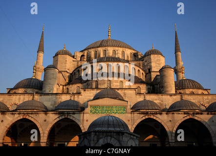 Partial view of the Blue Mosque (Sultanahmet Camii) with 2 of its 6 minarets, Istanbul, Turkey. Stock Photo