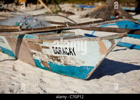 Old traditional fishing boat named Boracay, on White Sand Beach, boracay island, Philippines. Stock Photo