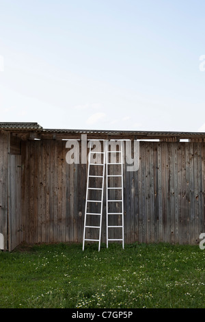 Two ladders leaning against a rustic wooden structure Stock Photo