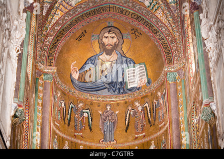 Byzantine mosaic of Christ on the ceiling of Cefalu Cathedral, Piazza Duomo, Cefalu, Sicily, Italy Stock Photo