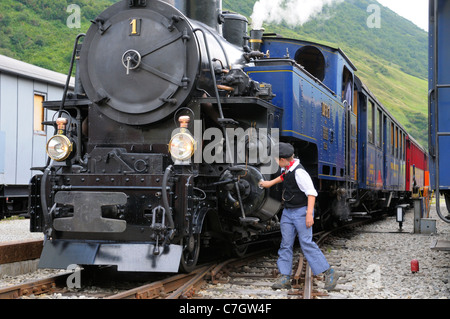 Furka cogwheel railway steam engine HG 3/4 No. 1 at the Realp railway station. Switzerland, Grimsel-/Furka region, Uri. Stock Photo