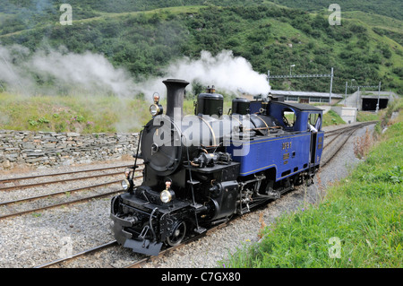 Furka cogwheel railway steam engine HG 3/4 No. 1 at the Realp station. Switzerland, Grimsel-/Furka region, Uri. Stock Photo