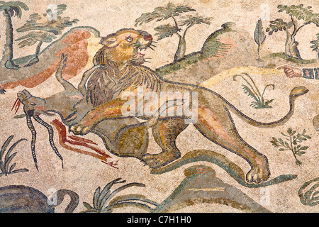 Mosaic in Corridor of Hunting Scenes, Villa Romana del Casale, Piazza Armerina, Sicily, Italy Stock Photo