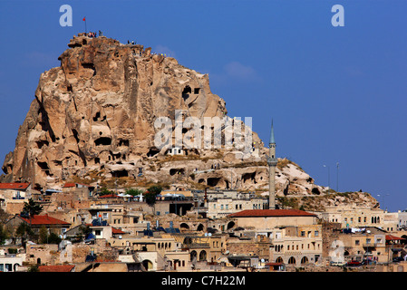 The higher part of beautiful Uchisar village with its spectacular, natural rocky castle . Nevsehir, Cappadocia, Turkey Stock Photo